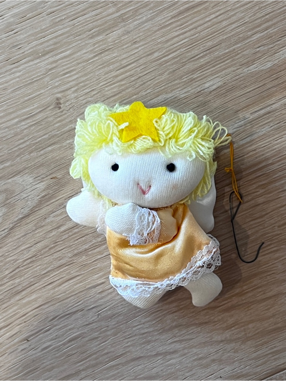 Vintage Handmade Cloth Angel Christmas Ornament Yarn Hair Satin Wings Folk Art